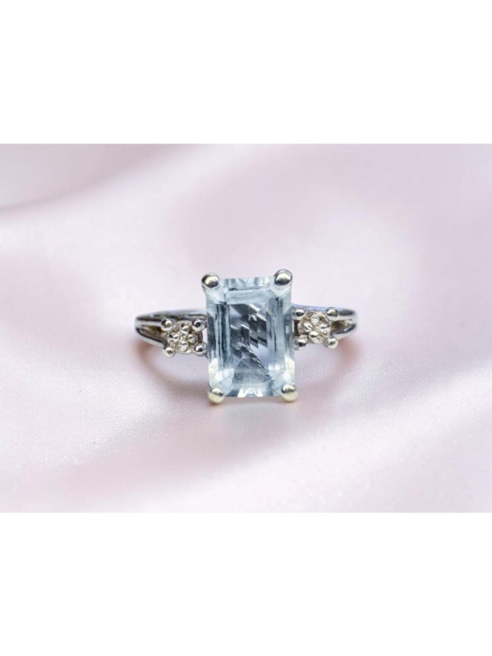 VINTAGE 10K Gold Natural Aquamarine & Diamond Ring Size 5.75 Emerald Cut -2.3g - Picture 7 of 16